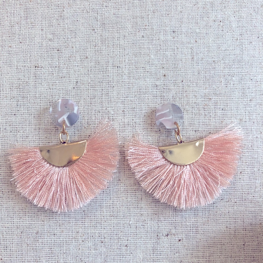 Pink fringe earrings with pink and grey post